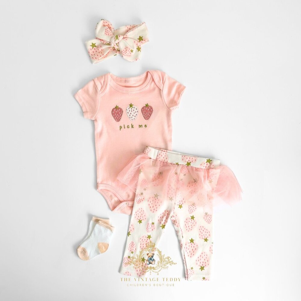 NWT Cute Girls 4 Piece Set Baby Onesie Tutu Pants Headband Pick Me Strawberry 9M - Picture 1 of 2
